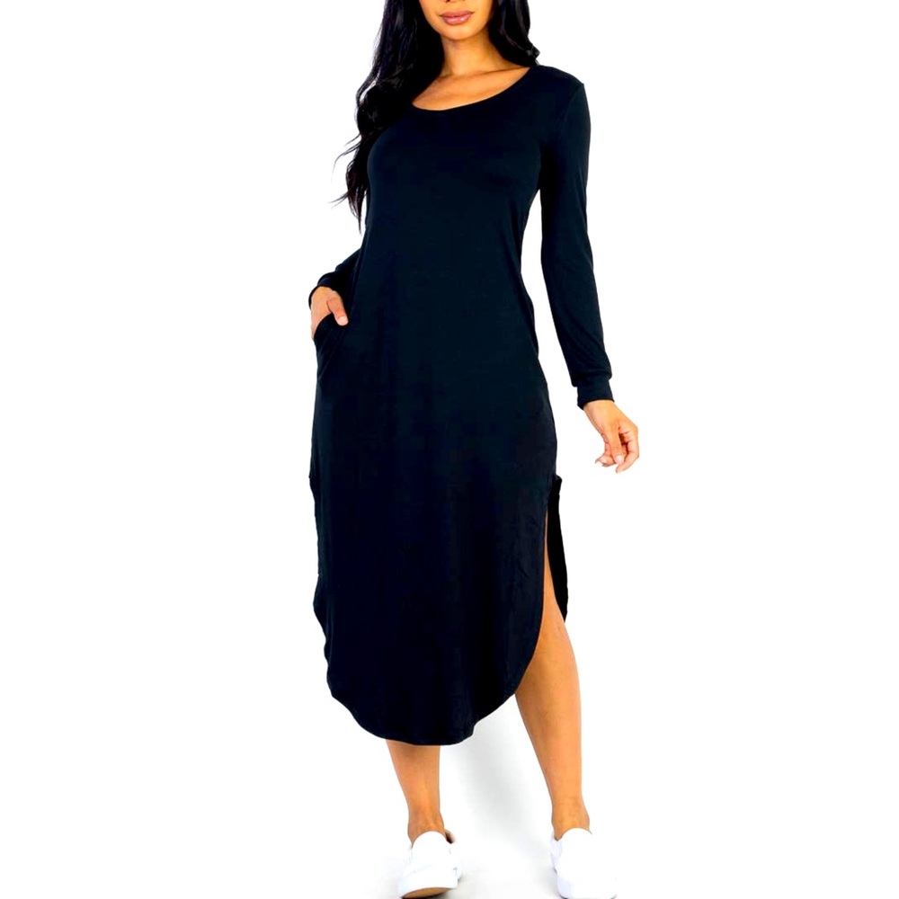 Long sleeve Curved Hem Midi Dress